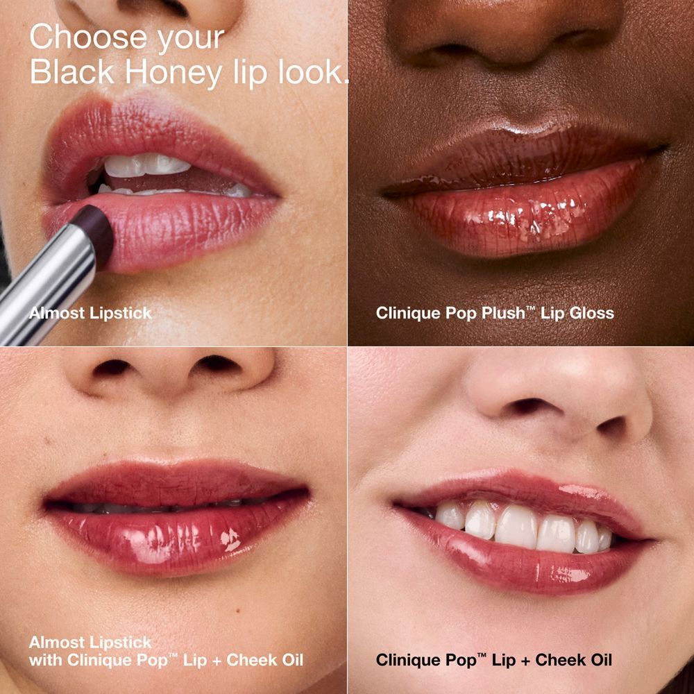 Vier liplooks die verschillende toepassingen van Clinique Pop™ Lip + Cheek Oil laten zien.