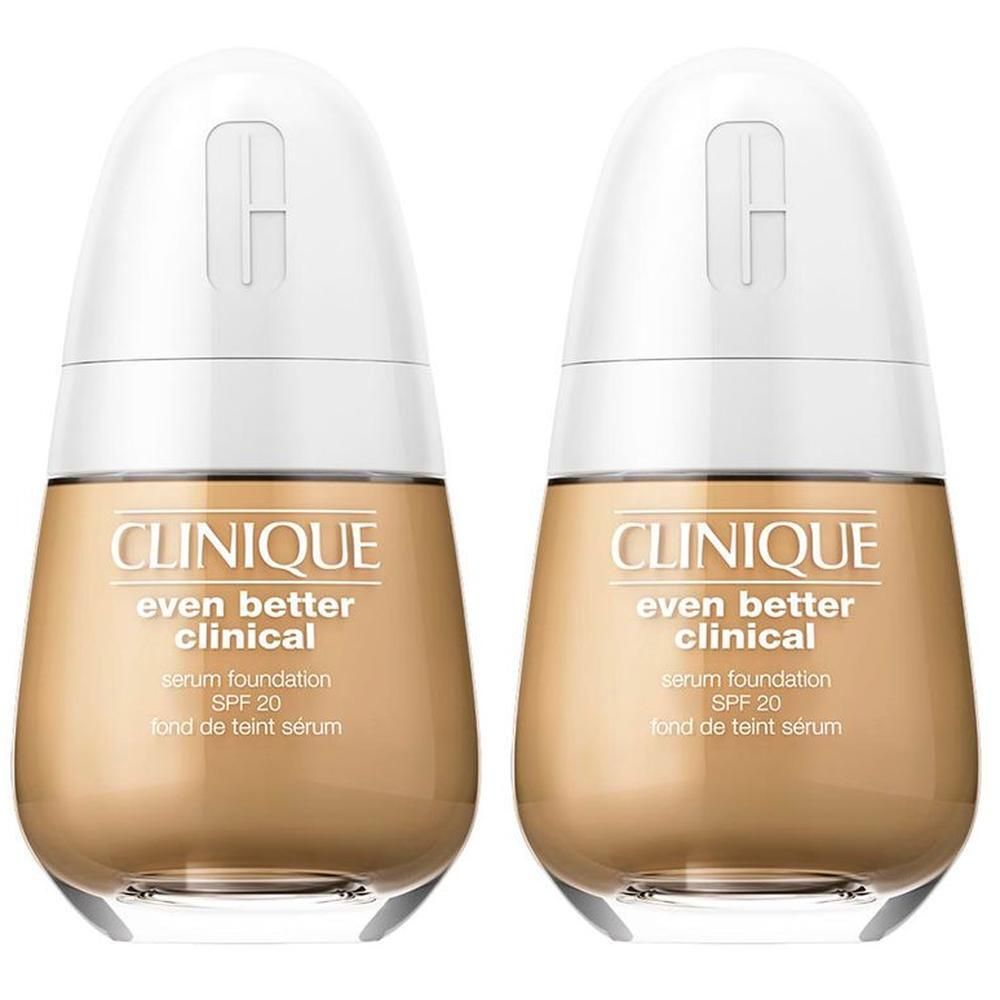 Twee flacons Clinique Even Better Clinical foundation. Witte dop, bruine inhoud. Opschrift: SPF 20, fond de teint sérum.