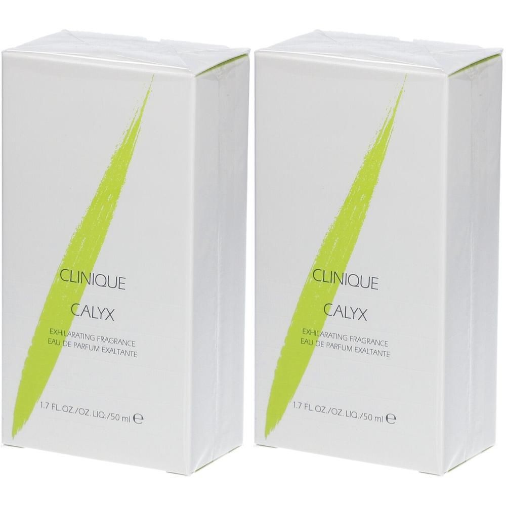 Deux boîtes blanches avec motif vert. Inscription: Clinique Calyx Eau de Parfum Exaltante, 1.7 FL.OZ./OZ.LIQ./50ml.
