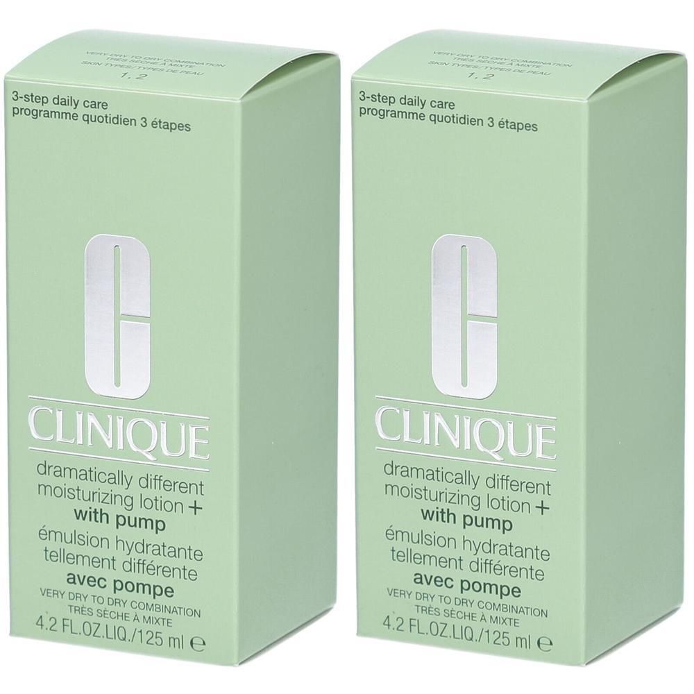 Twee groene dozen met CLINIQUE-logo en productinformatie. Opschrift: dramatically different moisturizing lotion + with pump.