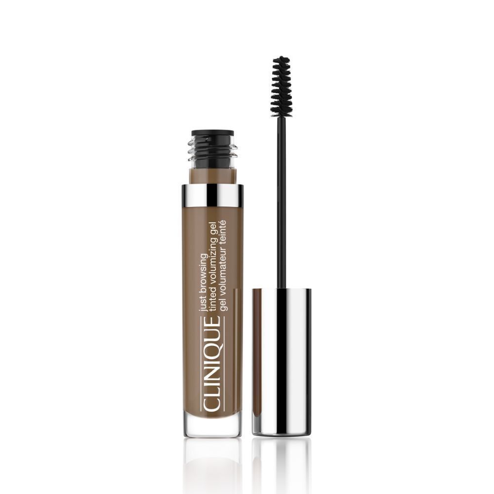 Tube de gel pour les sourcils avec brosse. Brosse noire, capuchon métallique, texte du produit. Marque Clinique.