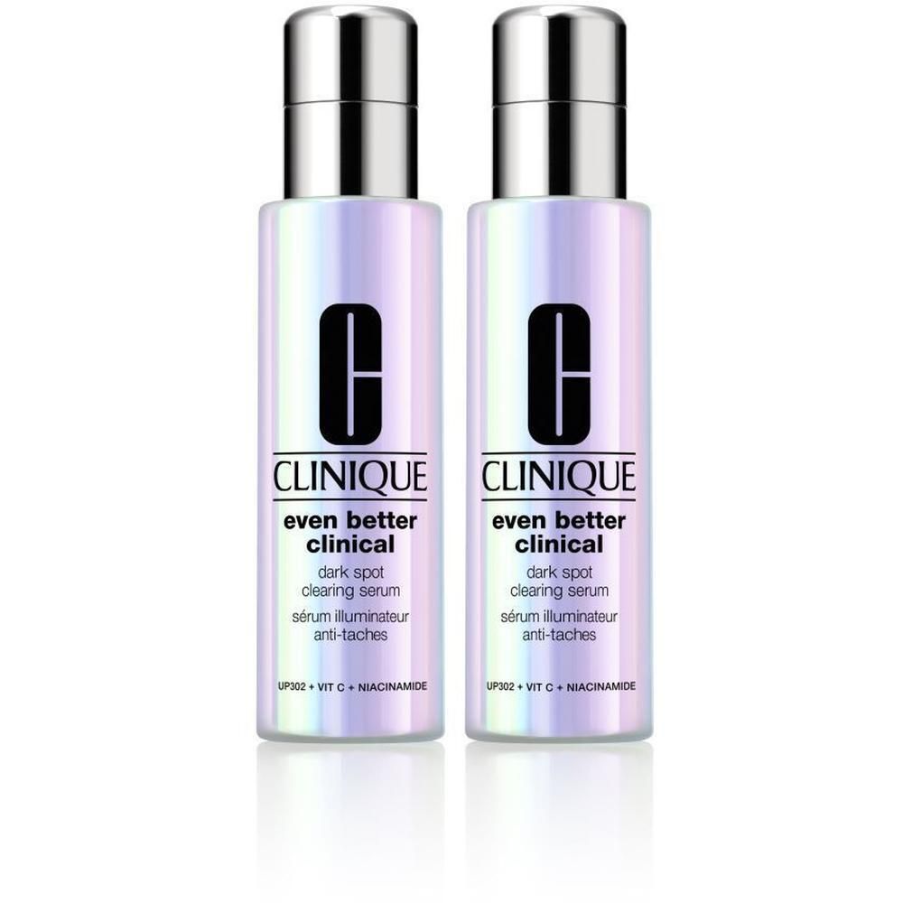 Twee flessen Clinique Even Better Clinical serum. Flessen met zilveren doppen en etiketten.