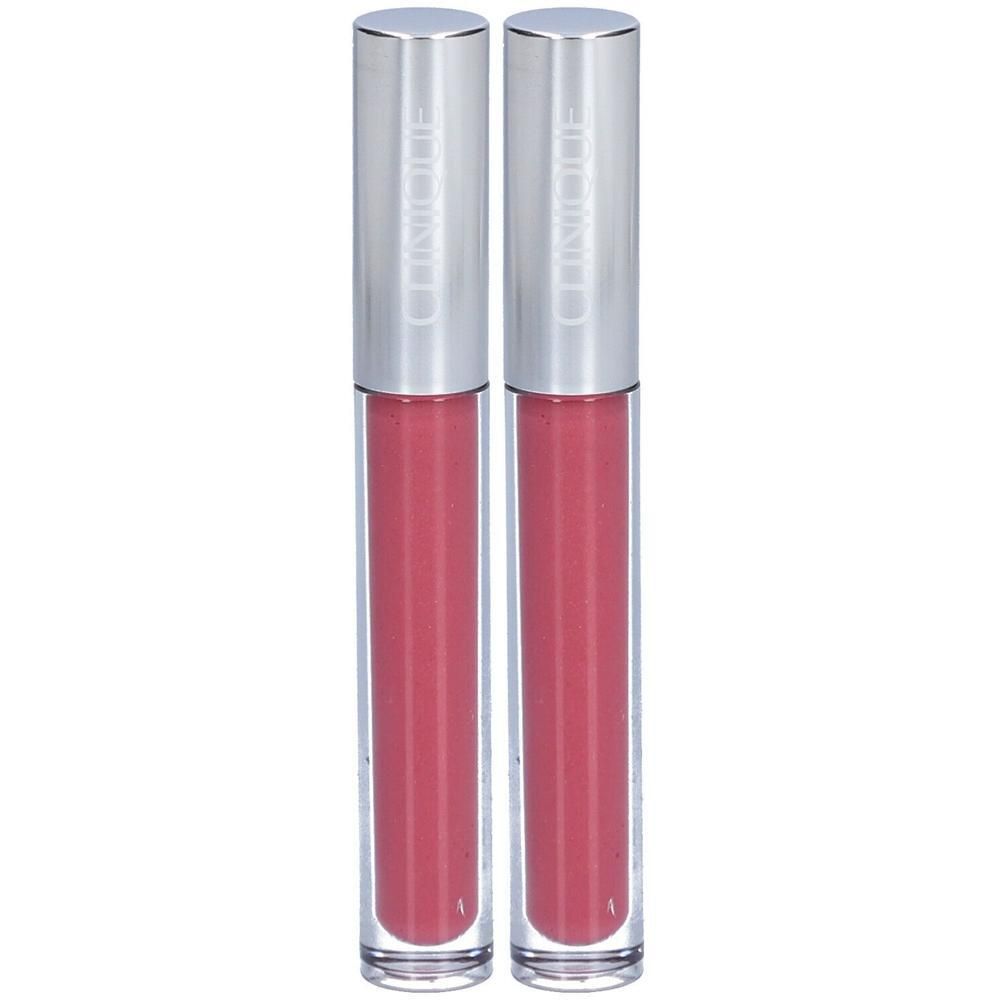 Deux tubes de gloss rose avec bouchons argentés. Le nom "Clinique" est visible sur les bouchons.