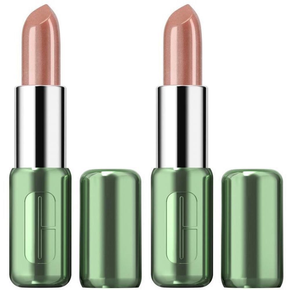 Twee lippenstiften met open groene hulzen. De lippenstiften zijn lichtroze en hebben zilveren hulzen.