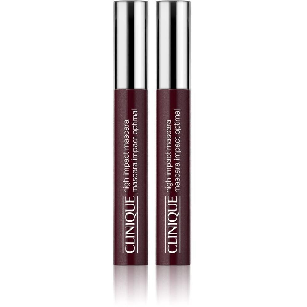 Twee Clinique High Impact mascara's. Zwarte tekst op donkerrode achtergrond. Zilveren doppen.