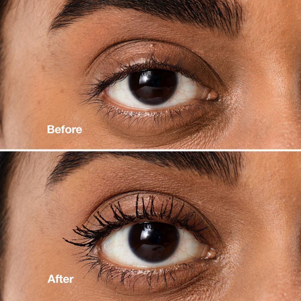 Oog voor en na het aanbrengen van mascara. Bovenste helft: Voor. Onderste helft: Na.