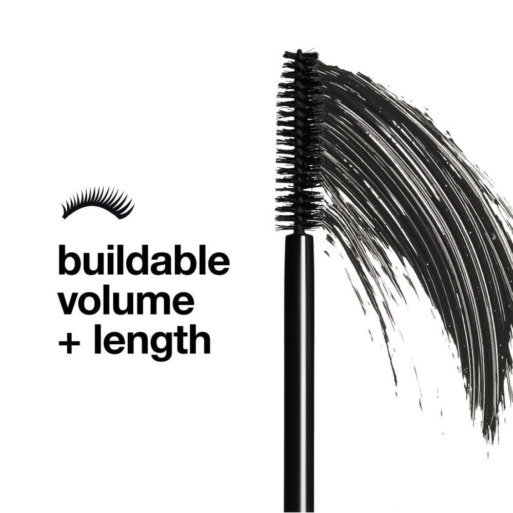 Mascaraborstel met tekst: Opbouwbaar volume + lengte. Zwarte mascara strepen.
