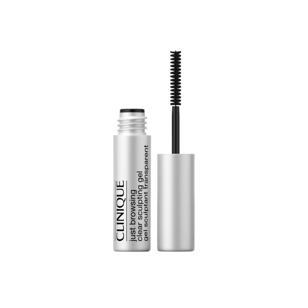 Een wenkbrauwgel tube met open applicator. Zilveren tube met zwarte tekst. Merk: CLINIQUE. Productnaam: Just Browsing Gel Sculptant Clair.