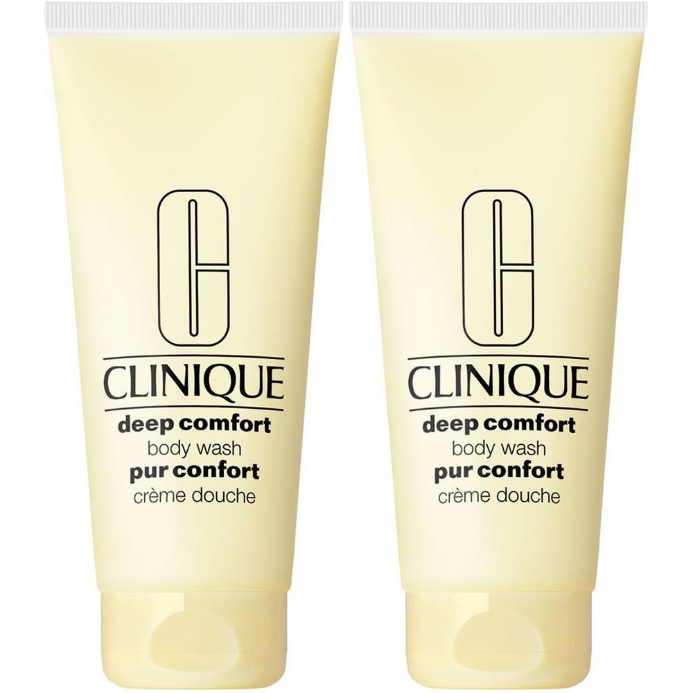 Deux flacons de Clinique Deep Comfort Body Wash avec logo et nom du produit.