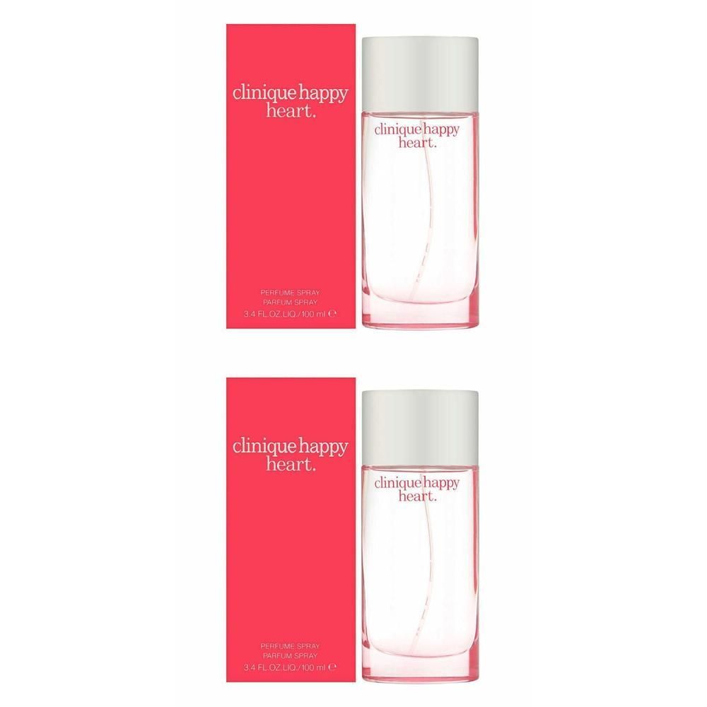 Twee flacons Clinique Happy Heart Eau de Parfum Spray met rode doosjes.