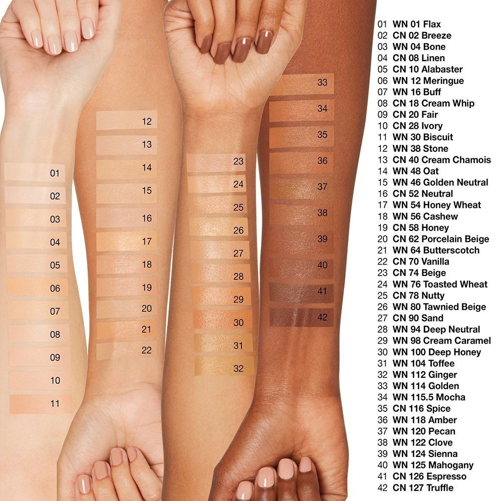 Kleurenkaart van de CLINIQUE Even Better™ All-Over Concealer + Eraser op verschillende huidtinten.