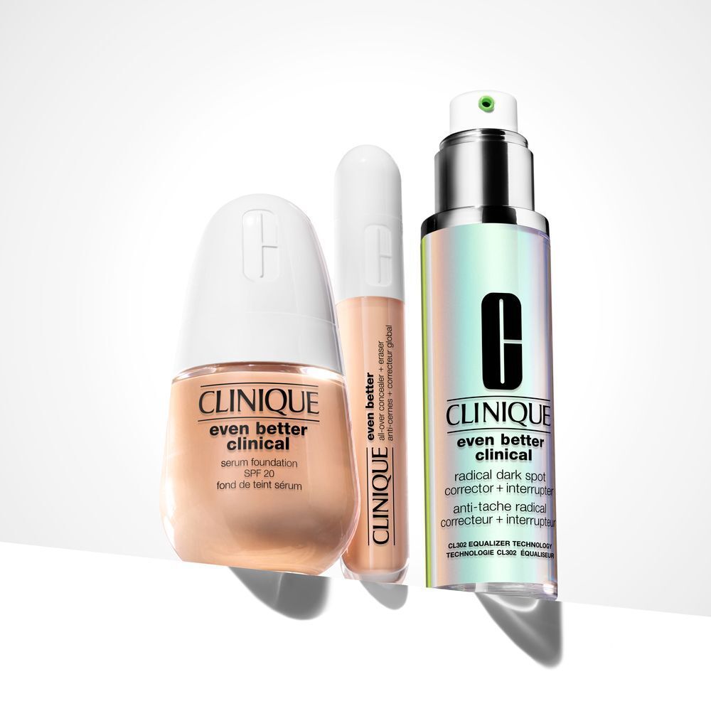 CLINIQUE Even Better™ producten: serum foundation, concealer en dark spot corrector.