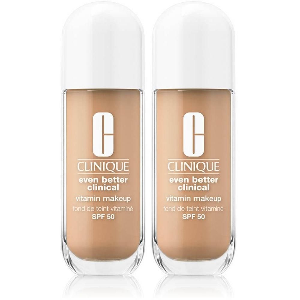 Twee flessen Clinique Even Better Clinical Vitamin Makeup SPF 50. Tint: MEDIUM COOL 2. Witte dop, transparante fles.