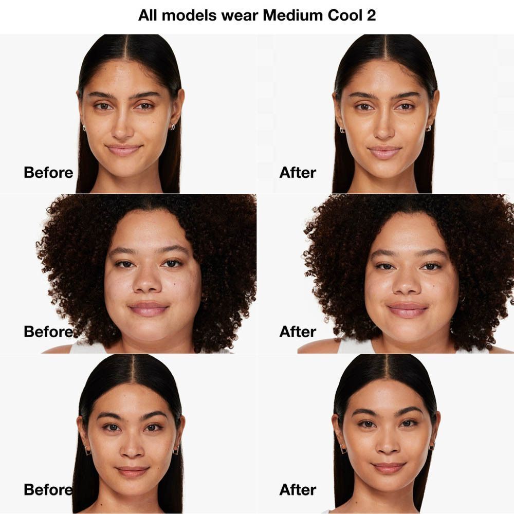 Voor-en-na vergelijking. Modellen met Clinique Even Better Clinical Vitamin Makeup SPF 50, tint MEDIUM COOL 2.