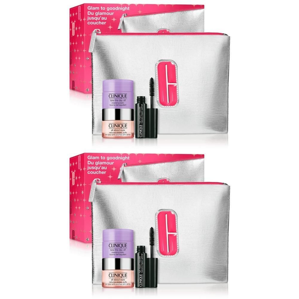 Deux trousses de maquillage avec produits. Contient crèmes, mascara et trousse avec logo Clinique. Emballage avec texte.