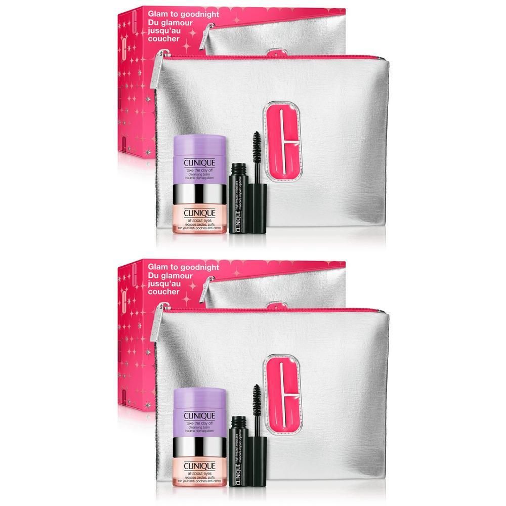 Set Clinique Glam to Goodnight : trousse argentée avec crème pour les yeux et mascara.