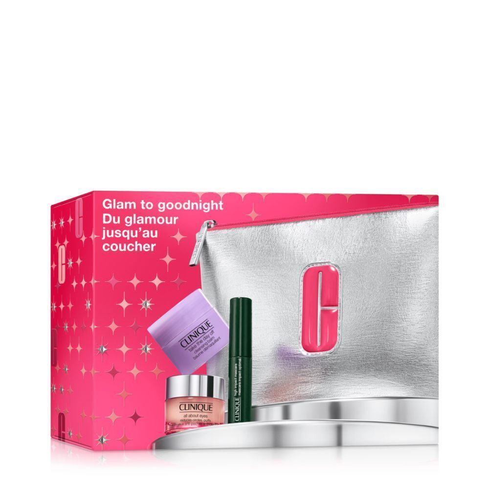 Trousse de maquillage avec produits. Contient crèmes, mascara et trousse avec logo Clinique. Emballage avec texte.