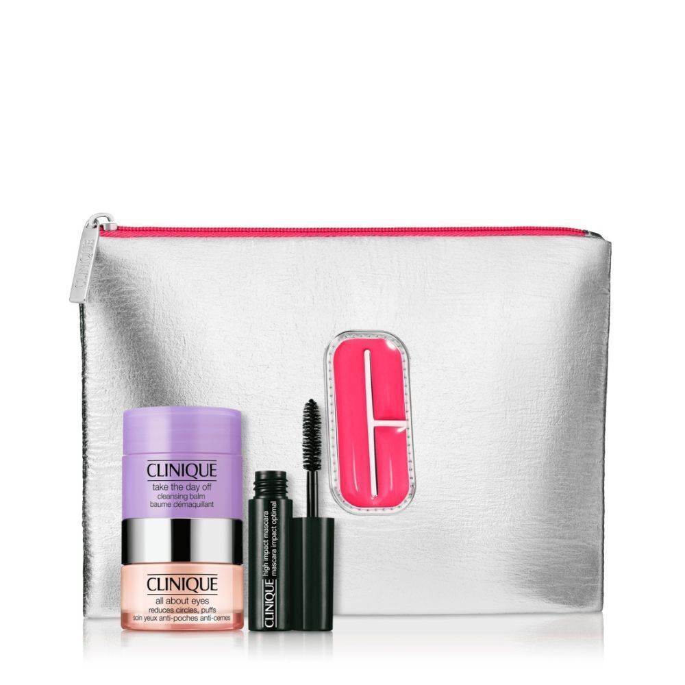 Trousse de maquillage avec produits. Contient crèmes, mascara et trousse avec logo Clinique.