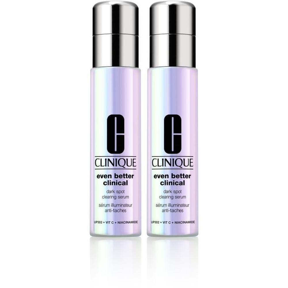 Twee flessen Clinique Even Better Clinical serum. Zilveren doppen, paars-glanzende flessen. Tekst: dark spot clearing serum.
