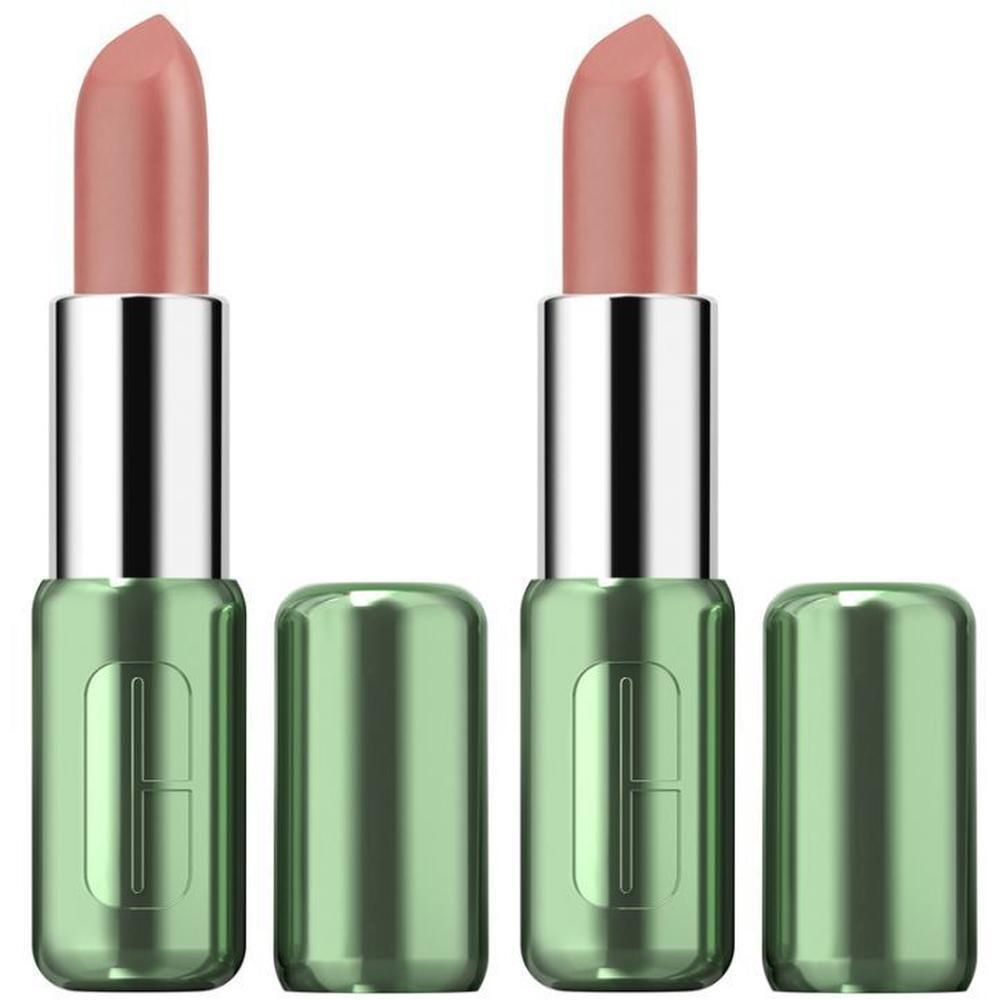 Twee lippenstiften met open groene hulzen. De lippenstiften zijn roze en hebben zilverkleurige metalen delen.