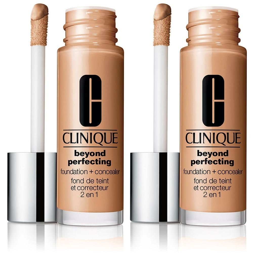 Twee flacons CLINIQUE Beyond Perfecting. Beige-bruine foundation, witte applicator, zilveren dop. Zwart logo.