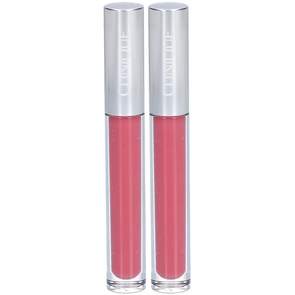 Deux tubes de gloss à lèvres avec des bouchons argentés. Le contenu est rose. "Clinique" est écrit sur les bouchons.