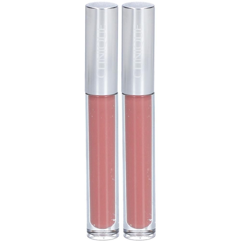 Twee roze lipgloss tubes met zilveren doppen. De naam "Clinique" is zichtbaar op de doppen.