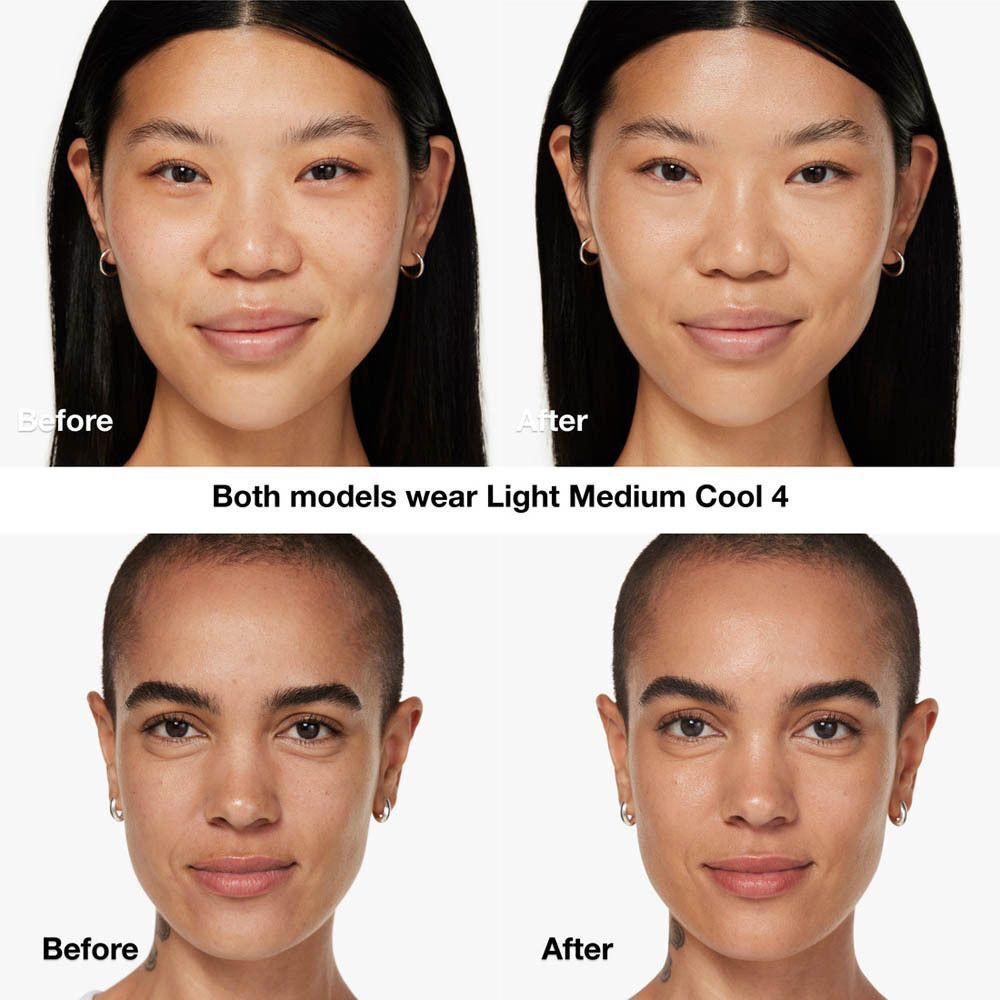 Voor-en-na vergelijking. Twee vrouwen met Clinique foundation. Beide dragen Light Medium Cool 4. Duidelijke verbetering van de huid.
