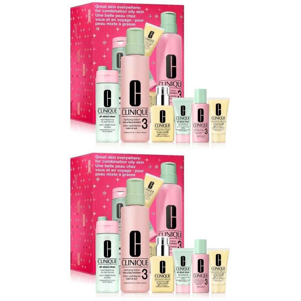 Coffret cadeau Clinique. Plusieurs produits de soin pour peaux mixtes à grasses. Emballage rose avec motifs étoiles.