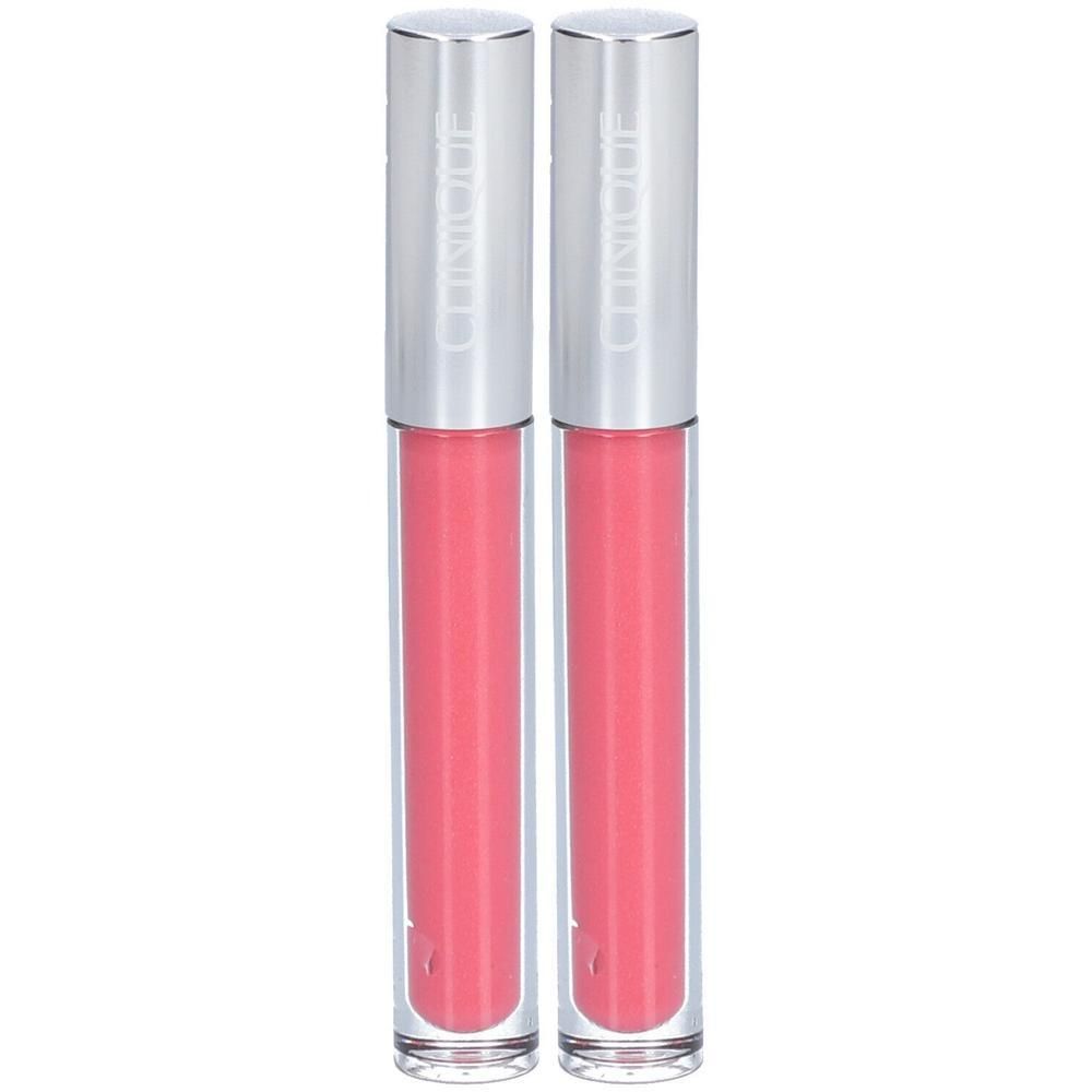 Deux tubes de gloss à lèvres roses. Les tubes transparents sont surmontés de bouchons argentés avec le nom "Clinique" écrit dessus.