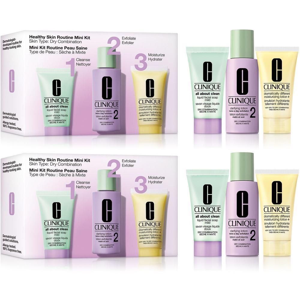 Coffret de soins du visage. Contient nettoyant, lotion et hydratant. Emballé dans une boîte avec nom du produit.