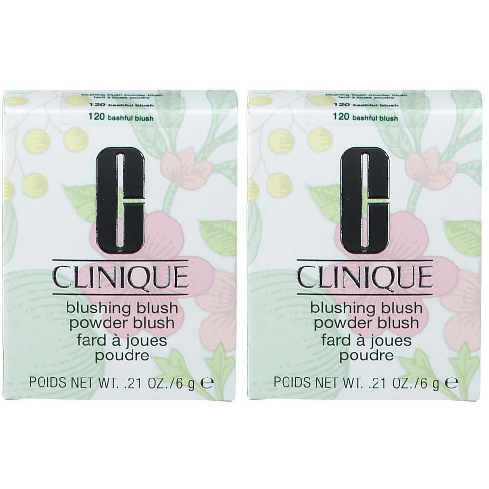 Deux boîtes de blush Clinique Blushing Blush. Blanc avec motif floral. Logo noir et nom du produit.