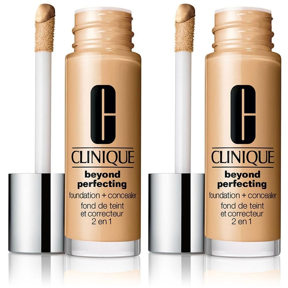 Twee CLINIQUE Beyond Perfecting flacons. Lichtbeige foundation, applicators. Zwart logo en tekst. 2 in 1.