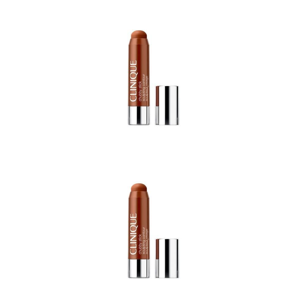 Twee bruine Clinique Chubby Stick™ Contour-sticks met zilveren doppen. De stick is open.