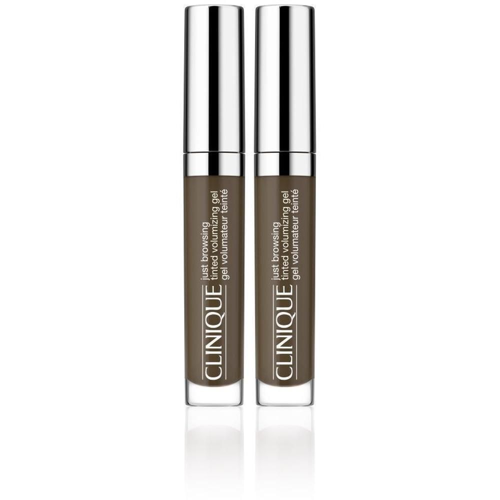 Deux tubes de Just Browsing™ Tinted Volumizing Gel. Récipients cylindriques transparents avec bouchons argentés. Nom du produit et marque visibles.