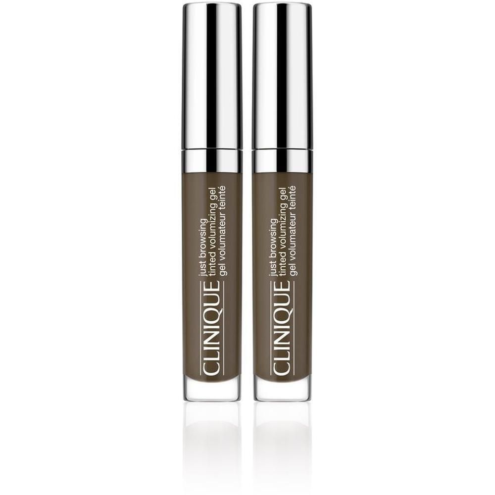 Deux gels volumisants teintés Clinique Just Browsing™ en teinte brun foncé avec capuchons argentés.