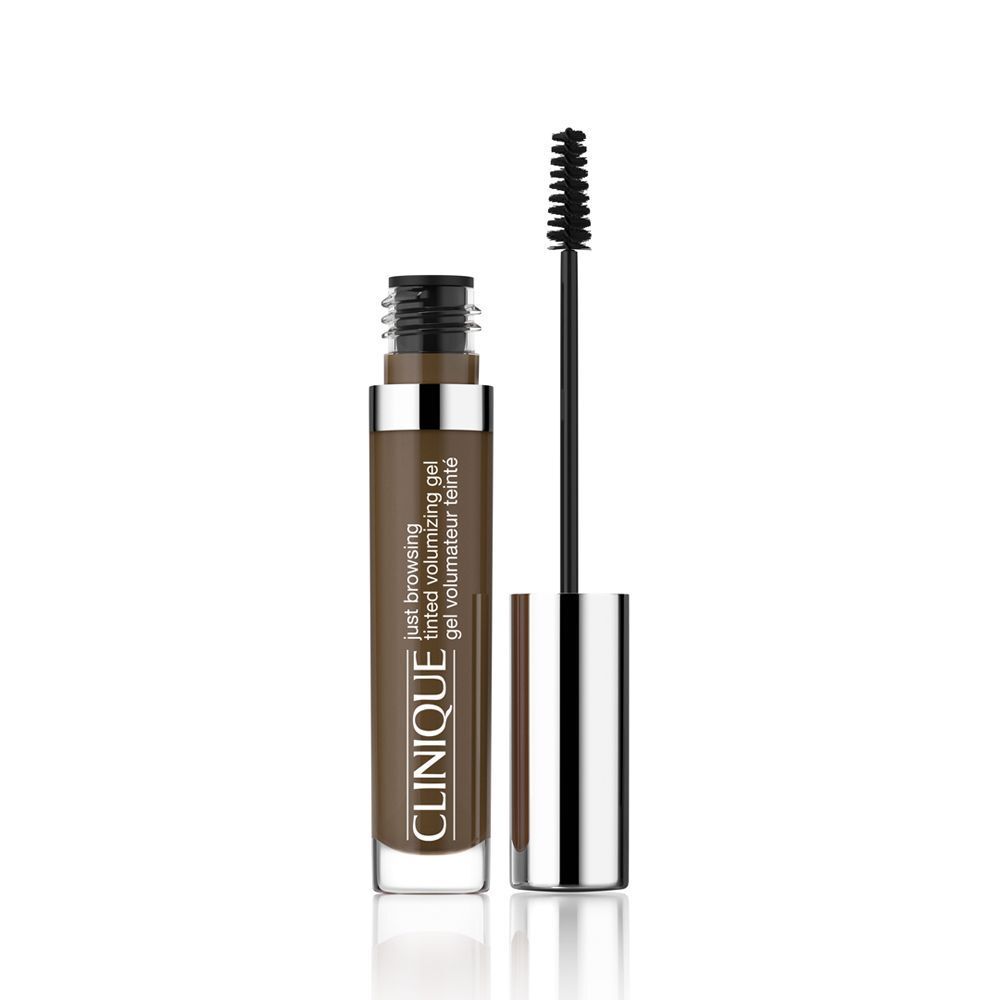 Un gel volumisant teinté Clinique Just Browsing™ en teinte brun foncé, applicateur ouvert.