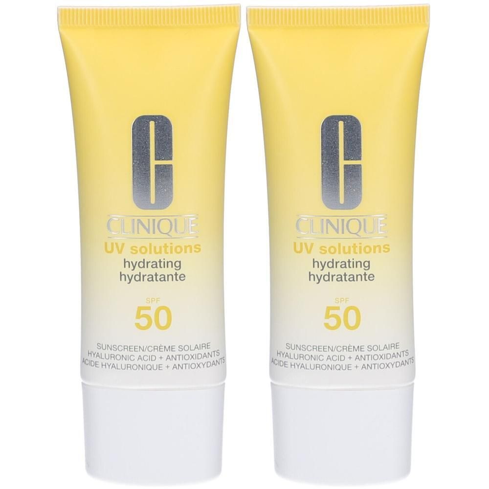 Deux tubes de CLINIQUE UV Solutions Hydrating Sunscreen SPF 50, design jaune avec logo argenté.