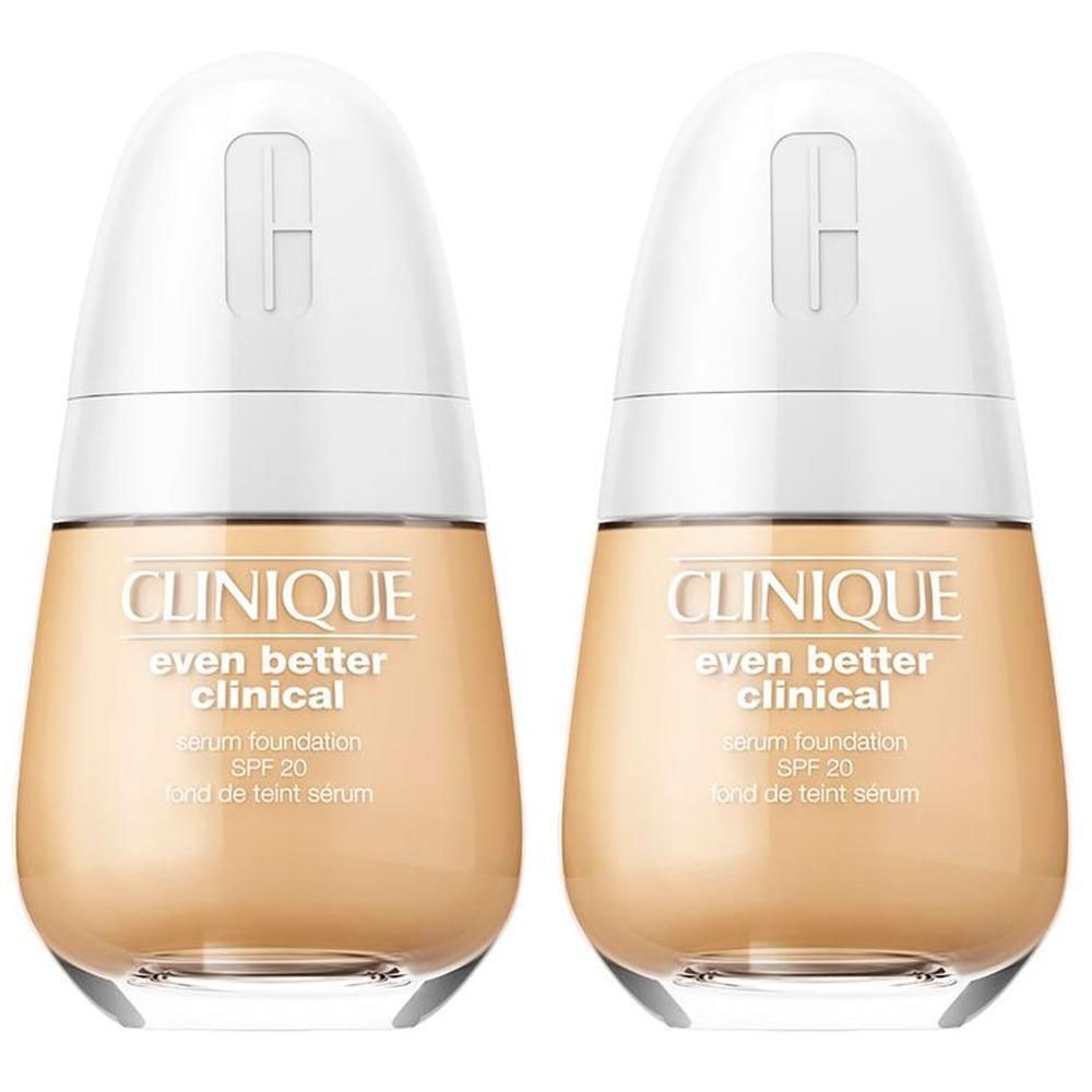 Deux flacons Clinique Even Better Clinical Fond de Teint Sérum SPF20. Bouchon blanc, base transparente, texte visible.