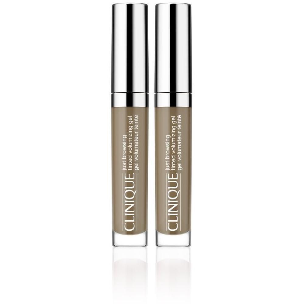 Deux tubes de gel pour les sourcils. Bouchons argentés, contenants transparents. Texte: Just Browsing Tinted Volumizing Gel, Clinique.