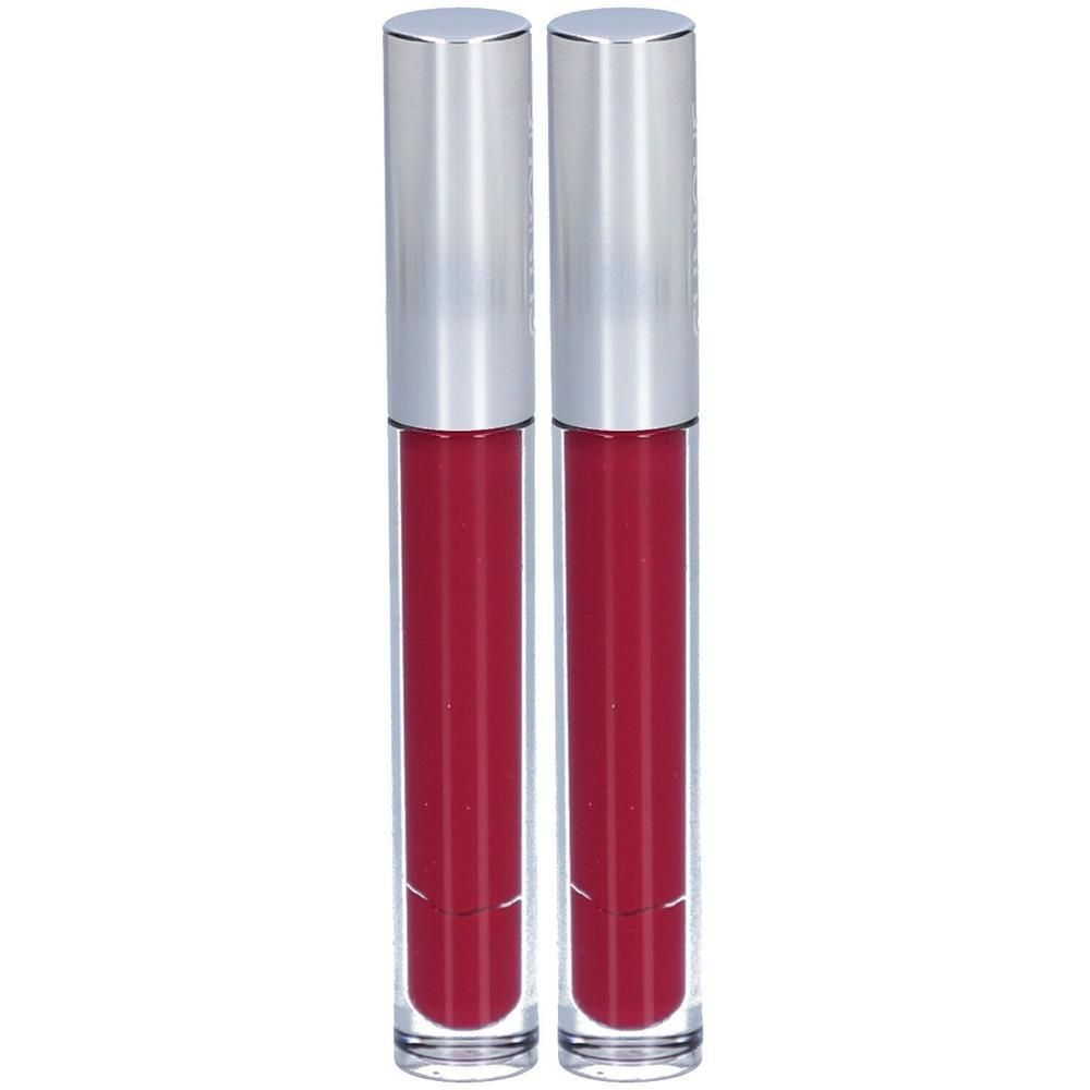 Twee lipgloss tubes met zilveren doppen en rode kleur. Transparante, cilindrische containers.