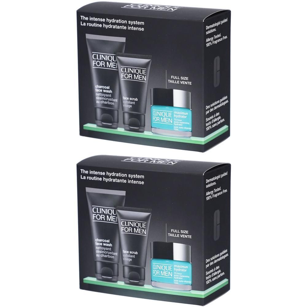 Clinique For Men geschenkset. Bevat gezichtsreiniger, scrub en hydratatie. Zwarte verpakking met productnamen.