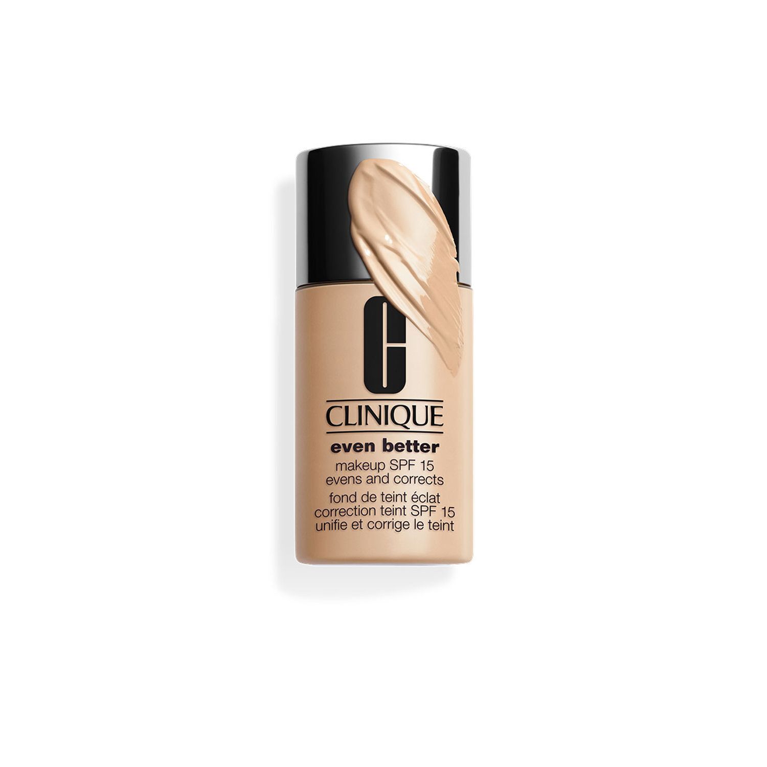 Un flacon de fond de teint CLINIQUE Even Better SPF 15, teinte beige clair, avec échantillon.