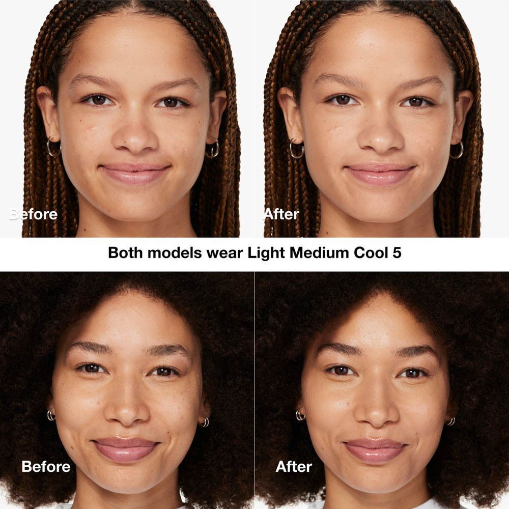 Comparaison avant-après. Deux femmes avec et sans Clinique Even Better Clinical™ Vitamin Makeup SPF 50, teinte Light Medium Cool 5.