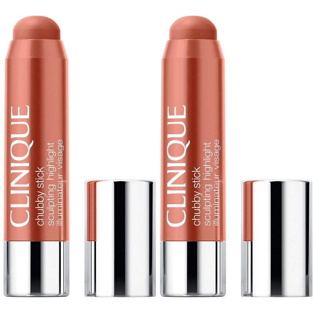 Twee Clinique Chubby Stick Highlighters. Roze sticks met zilveren doppen. Productnaam en merk zichtbaar.
