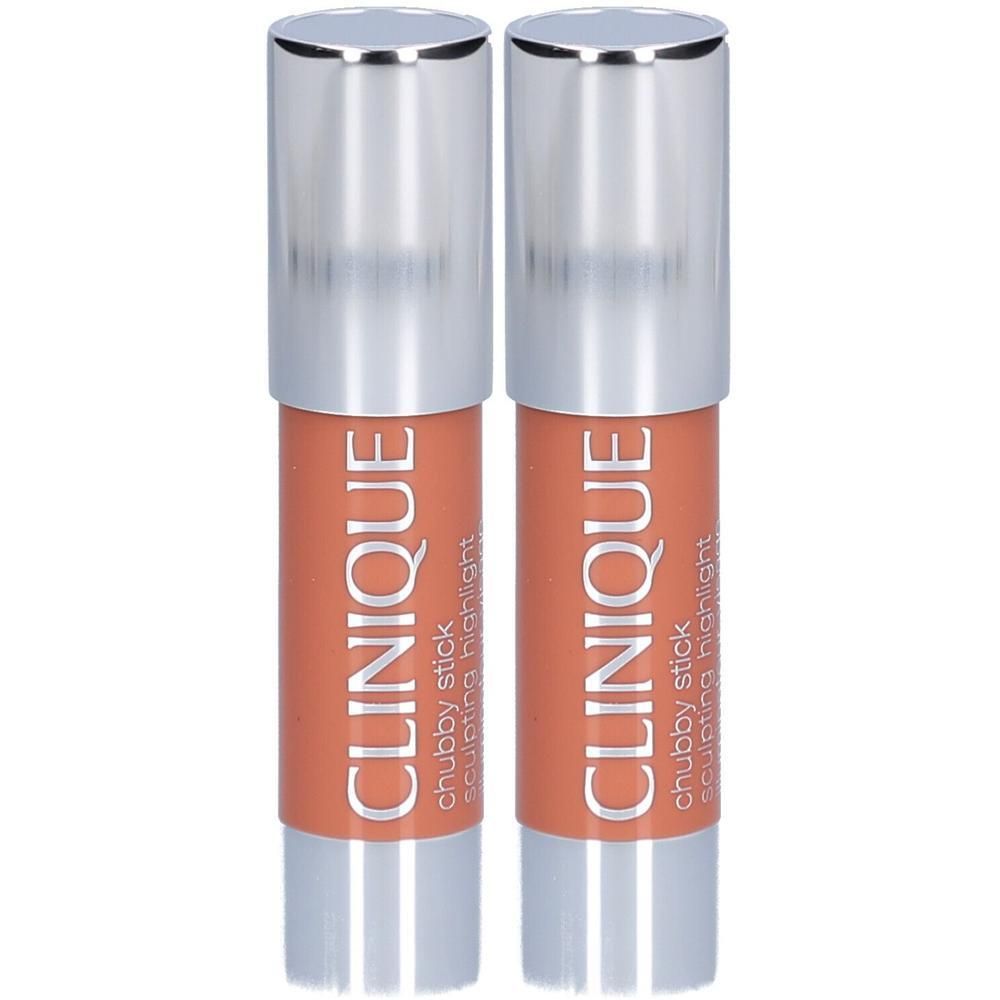 Twee CLINIQUE Chubby Stick Sculpting Highlight sticks in perziktint met zilveren doppen.