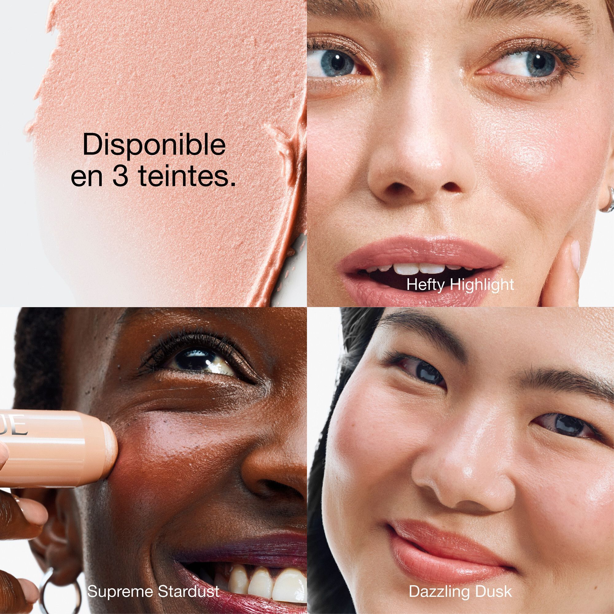 Quatre images. En haut à gauche : échantillon d'highlighter. À droite : femme avec highlighter. En bas à gauche : femme avec highlighter. En bas à droite : femme avec highlighter.