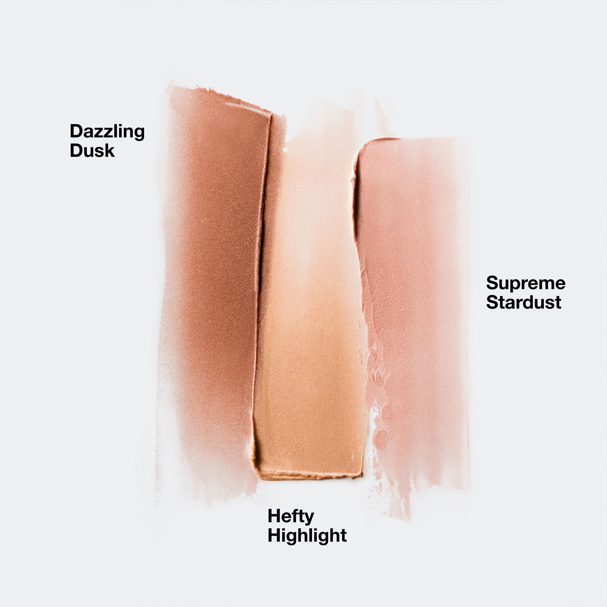 Drie highlighter-vegen. Kleuren: Dazzling Dusk, Hefty Highlight en Supreme Stardust.