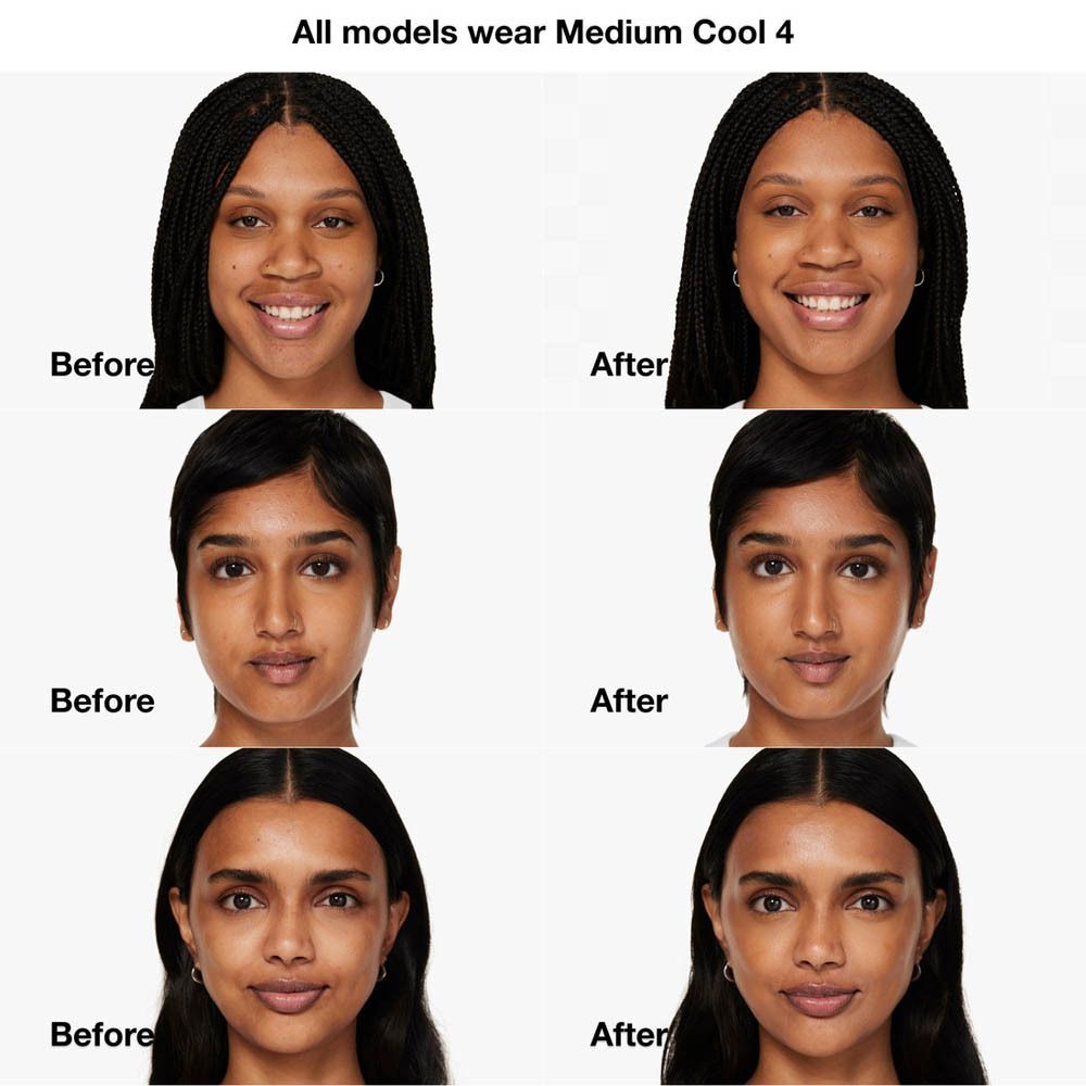 Voor-en-na vergelijking van gezichten. Alle modellen dragen Medium Cool 4. Verandering van huidskleur door make-up.