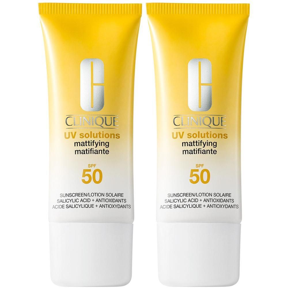 Twee Clinique UV Solutions matterende zonnebrandcrème SPF 50 tubes.